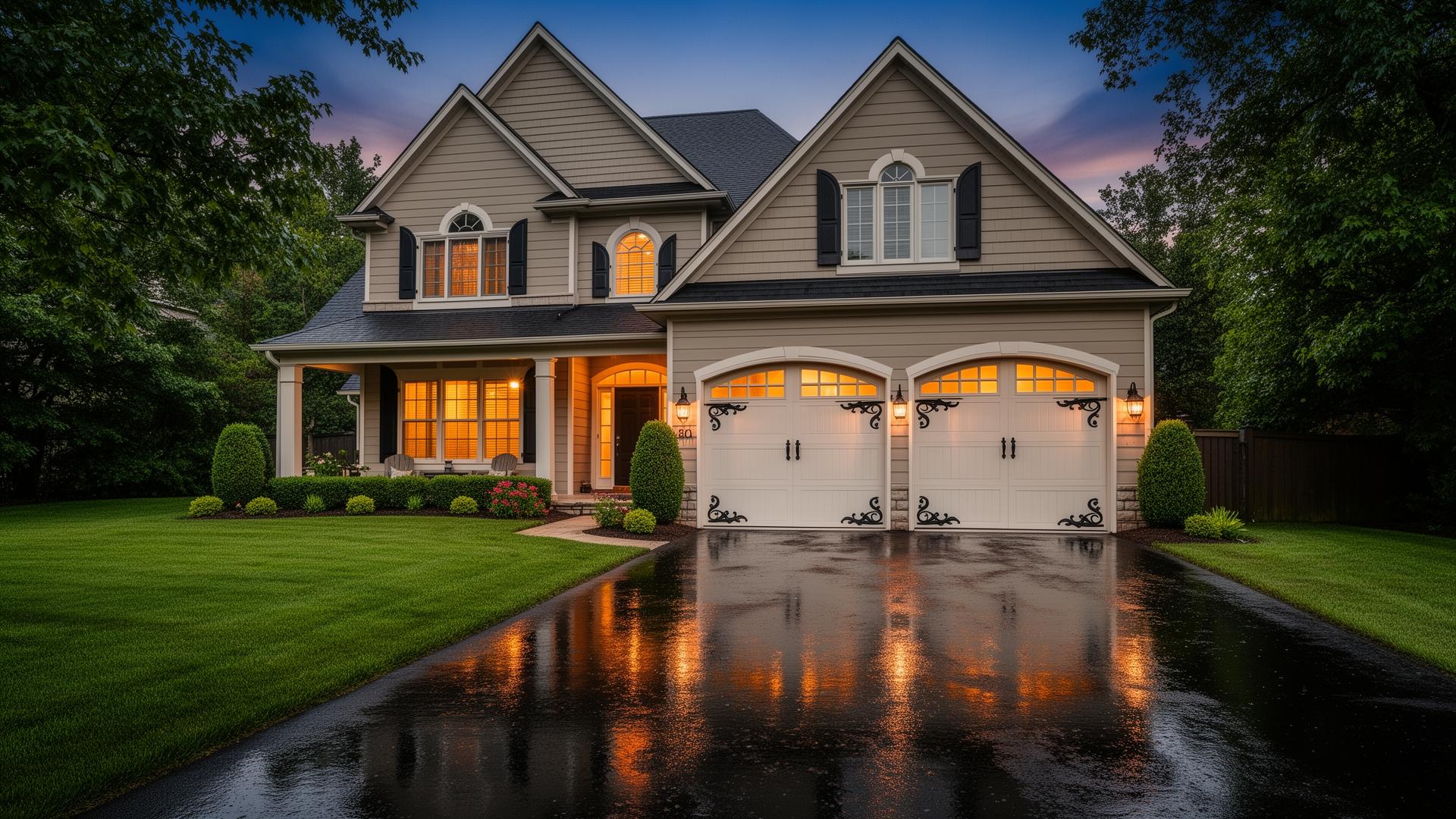 Beautiful two-story home with classic carriage house garage doors in Grand Prairie